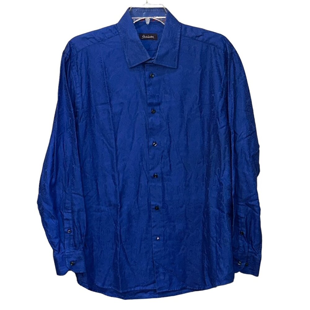 Robert Graham Blue Embossed Paisley Long Sleeve Button Down Dress Shirt 44 17.5